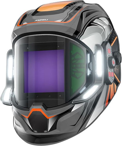 ANDELI auto darkening welding helmet in orange and grey design, featuring side LED lights, large viewing lens, and adjustable controls for welding, grinding, and cutting