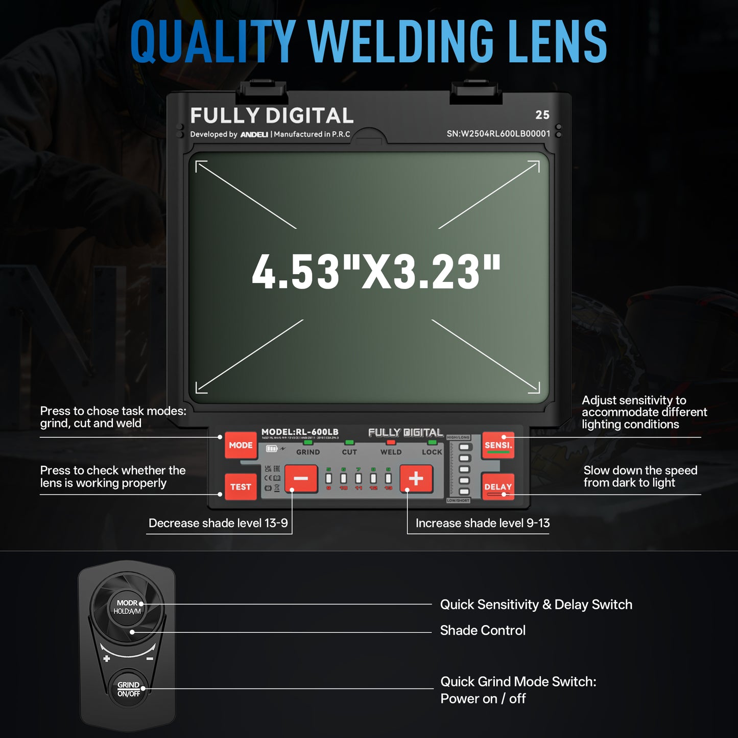 ANDELI RL-600LB large viewing screen auto darkening welding lens for clear visibility