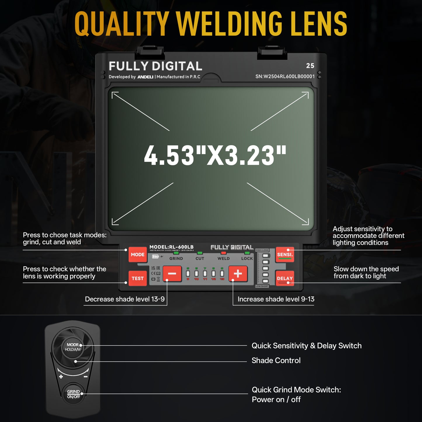 ANDELI RL-600LB large viewing screen auto darkening welding lens for clear visibility