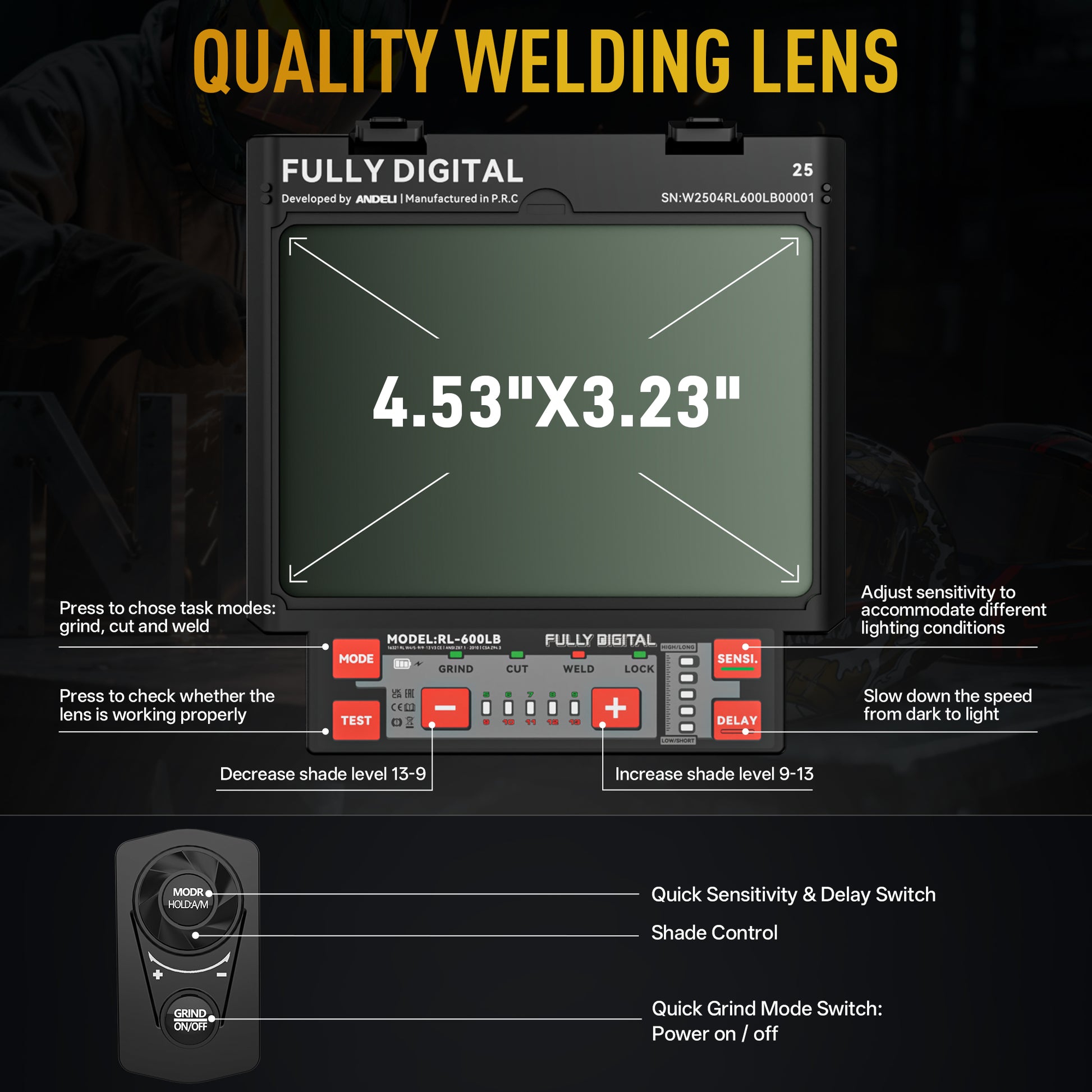 ANDELI RL-600LB large viewing screen auto darkening welding lens for clear visibility