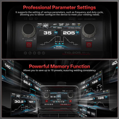 TIG welder with advanced parameter settings and memory function