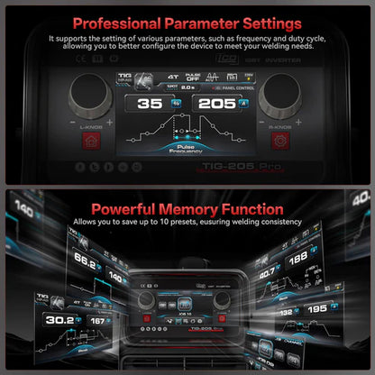 TIG welder with advanced parameter settings and memory function