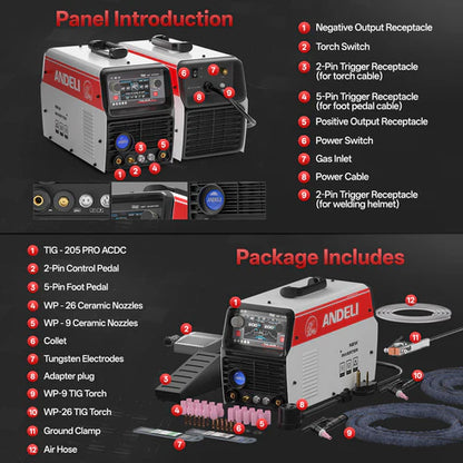 AC DC TIG welder control panel with torch pedal and power connections