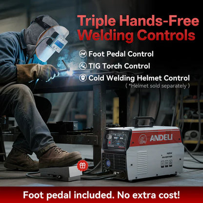 AC DC TIG welder with foot pedal and torch control for hands free welding
