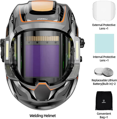 Andeli welding helmet kit includes protective lenses, built-in batteries & storage bag, complete for immediate use.