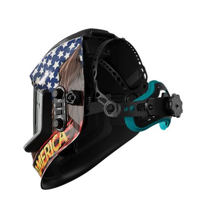 Andeli welding helmet with adjustable headgear and American-themed pattern, lightweight & comfortable for long-time wear.