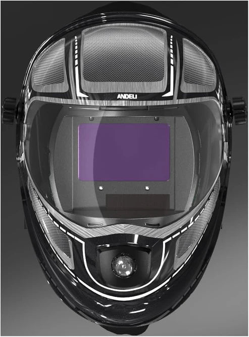 Andeli welding helmet with built-in air purifier, carbon fiber style & clear view window.