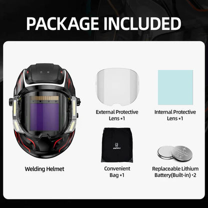 Andeli welding helmet package including replacement lenses, carrying bag, and lithium batteries