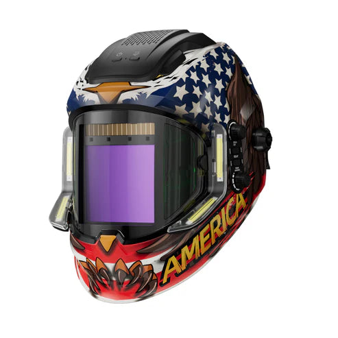 Auto darkening welding helmet with LED lights, true color lens and American flag design, wide view professional welding helmet