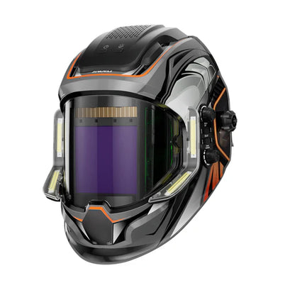Auto darkening welding helmet side view with adjustable controls