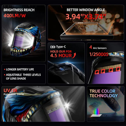 Auto darkening welding helmet with true color technology, arc sensors and UV IR protection