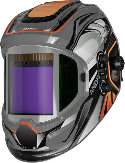 Auto-darkening welding helmet with true color lens, sleek design for professional welding protection.