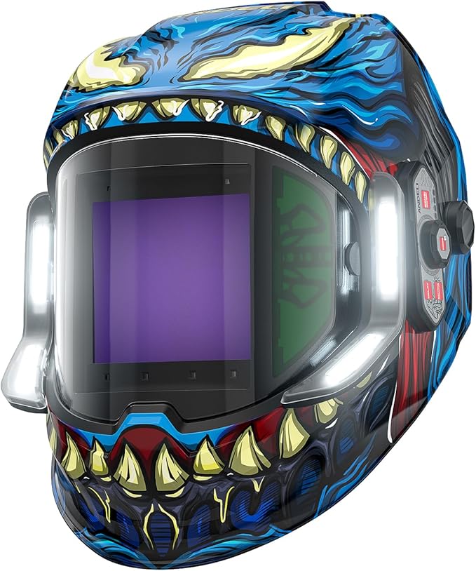 Auto darkening welding helmet with blue shark graphic design, featuring large viewing lens and side windows for wide visibility