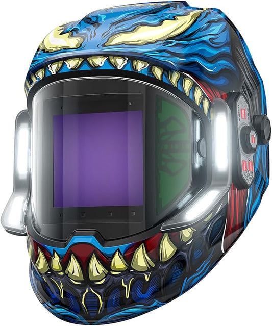 Auto darkening welding helmet with blue shark graphic design, featuring large viewing lens and side windows for wide visibility