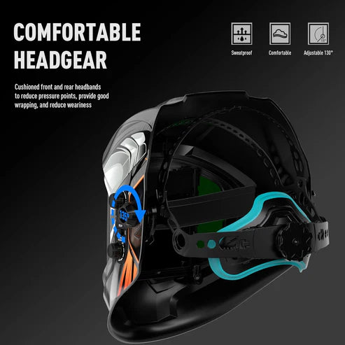 Welding helmet with 130° adjustable cushioned headgear, reduces pressure & weariness during long use.