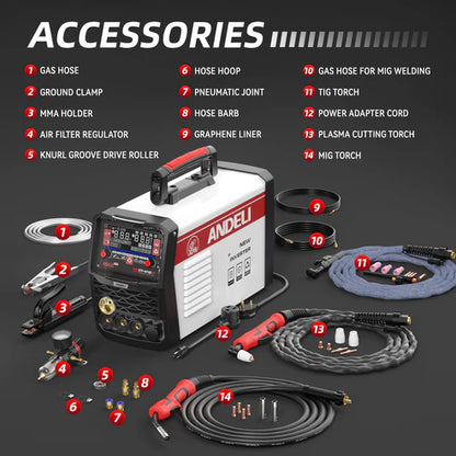 Full accessories kit for 6-in-1 welder, includes gas hose clamp, ground clamp, torches & more.