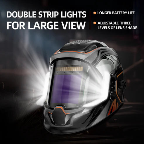 Welding helmet with double strip LED lights for brighter view