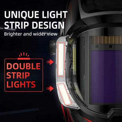 Welding helmet with dual LED light strips, brighter workspace and wider field of view