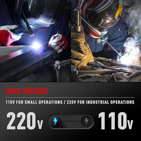 Dual voltage pulse TIG welder (110V for small jobs, 220V for industrial use), adaptable to different power setups.