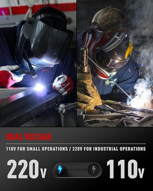 Dual voltage synergic welder (110V for small jobs, 220V for industrial use), adaptable to different power setups.