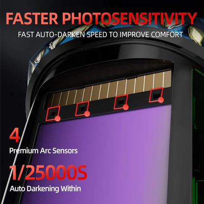 Welding helmet with 4 premium arc sensors, 1/25000s fast auto-darkening speed for better comfort.