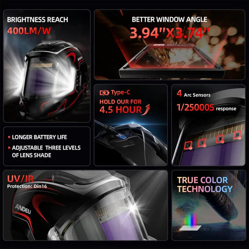 Auto darkening welding helmet with fast 1/25000s response, wide viewing screen and 4 arc sensors
