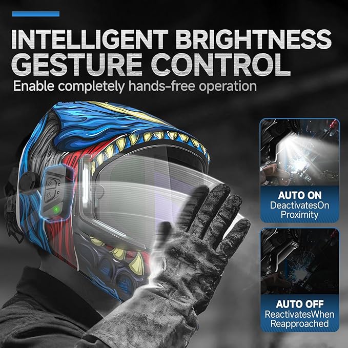 Welding helmet with intelligent brightness gesture control for completely hands-free operation, auto on/off by proximity