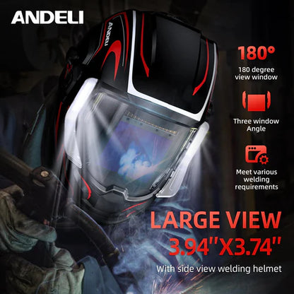 Large view auto darkening welding helmet with side windows for wider 180 degree visibility