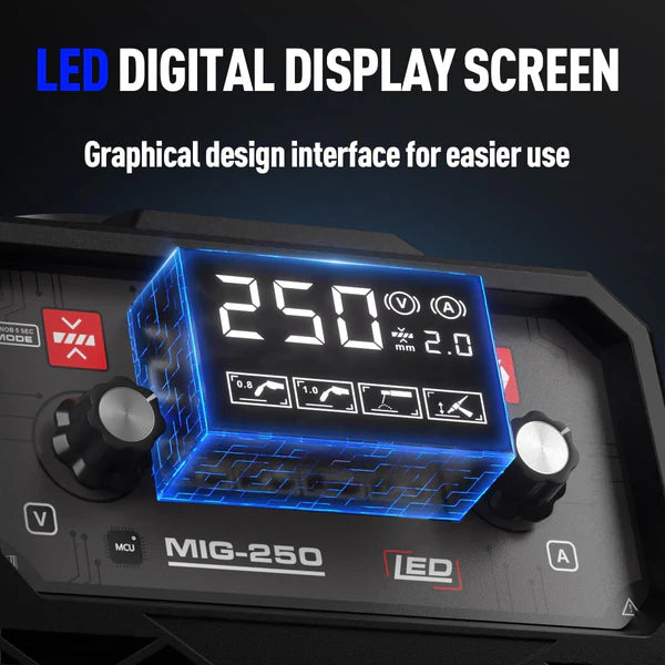 LED digital display screen on MIG-250 welder, showing welding settings for easy operation and control.