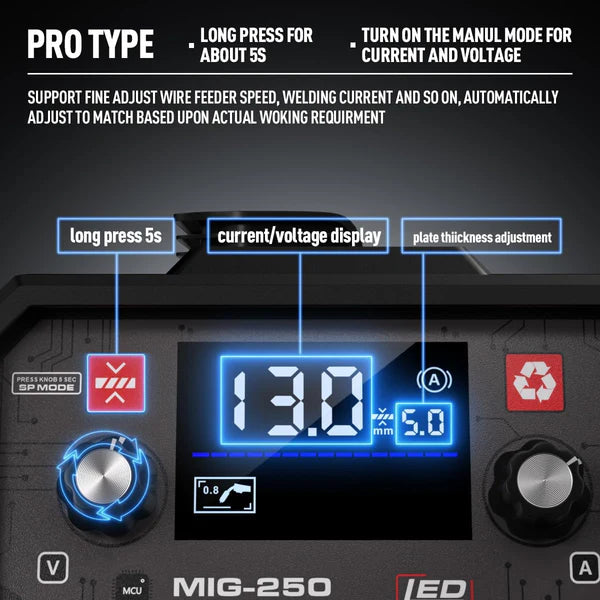 LED digital display screen on MIG-250 welder