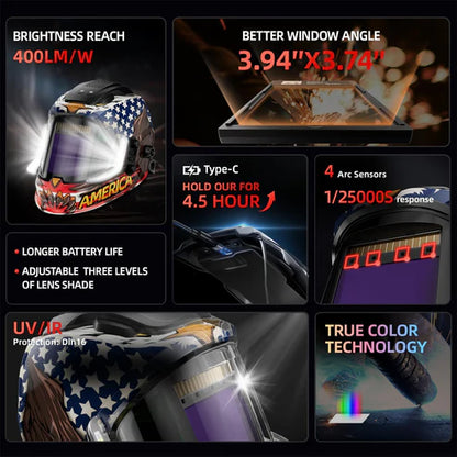 LED welding helmet with 400 lumens work light, large viewing area 3.94 x 3.74 inch, Type C rechargeable battery