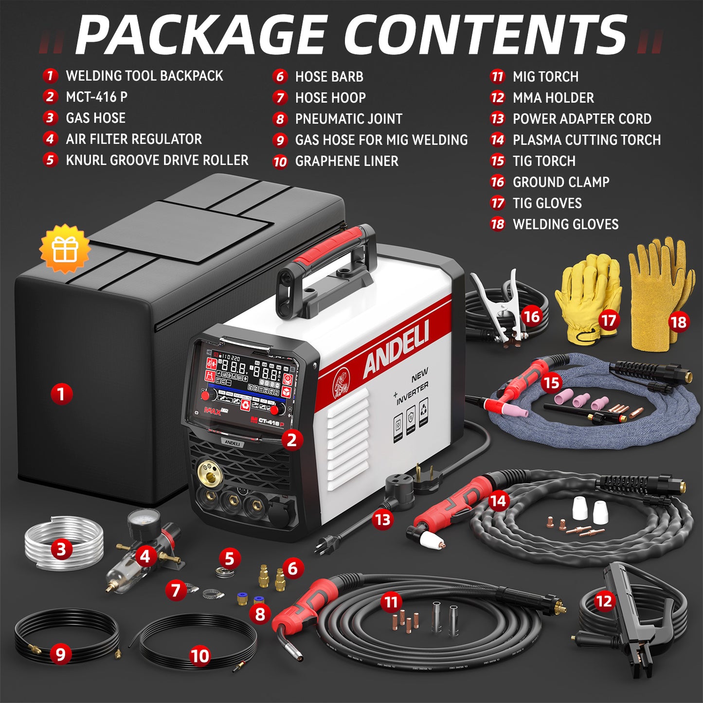 MCT-416P 160A 6-in-1 multi process welder complete accessories kit including MIG torch, TIG torch, plasma cutting torch, MMA holder and ground clamp