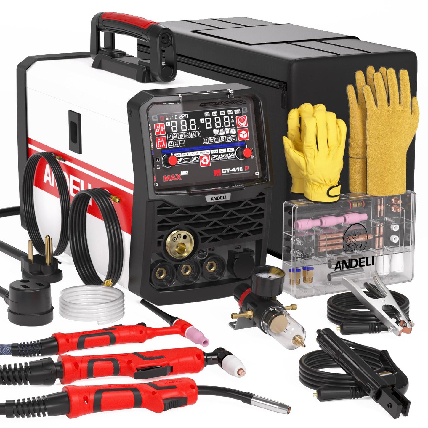 MCT-416P plasma cutter welder kit front left view with torch and cables