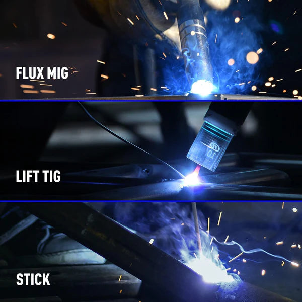 MIG 135 MINI welder performing various welding tasks, showcasing its versatility in different welding modes.