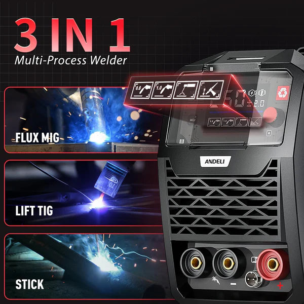 Control panel of MIG-250ME LED welder, showing adjustable settings for voltage and wire feed speed.
