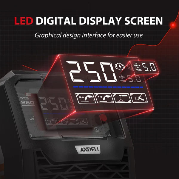 MIG-250ME LED MIG Welder with built-in LED lighting for improved visibility during welding tasks.