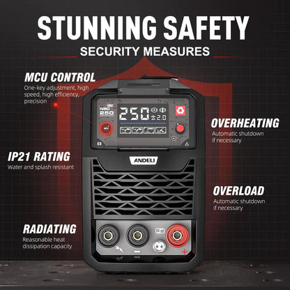 MIG-250ME welder performing welding on steel with stable arc and smooth welds.