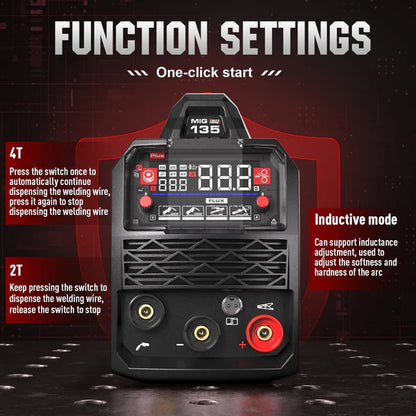 MIG welder with one-click function settings & inductive mode, adjusts arc softness/hardness easily.