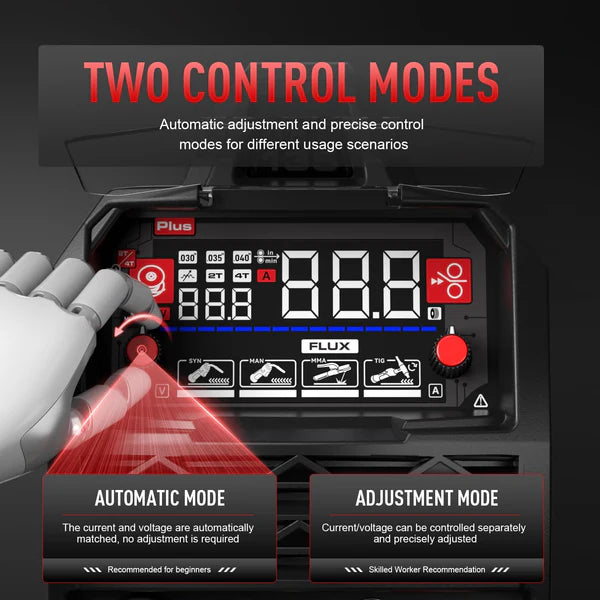MIG welder with automatic/precise control modes, ideal for beginners & skilled workers.