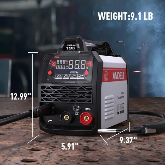 Portable MIG welder (12.99×5.91×9.37 inches, 9.1lb), compact & lightweight for easy transport.