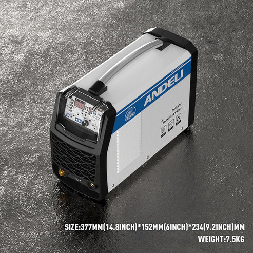 Portable pulse TIG welder (14.8×6×9.2 inches, 7.5kg), compact & lightweight for easy transport.