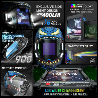 Premium auto darkening welding helmet with 4-16 arc sensors, Type-C rechargeable battery, gesture control, and 3.94"x3.74" viewing lens