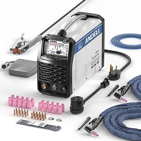 Pulse TIG welder with full accessory kit (torches, nozzles, foot pedal), ready for immediate welding tasks.