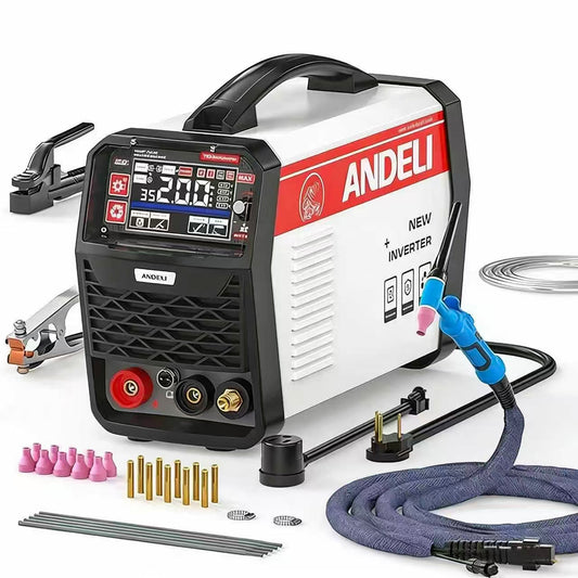 Pulse TIG welding machine with full accessory kit (torches, nozzles, rods), ready for various welding tasks.