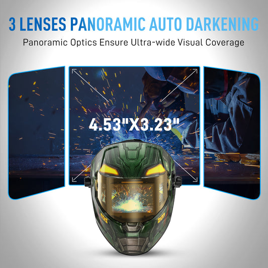 Panoramic auto darkening welding helmet providing wide 180 degree field of view