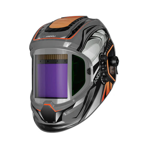 Side view of auto-darkening welding helmet, compact design with easy-to-use controls.