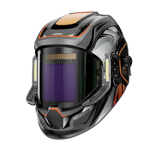 Sleek auto-darkening welding helmet with side lights, provides enhanced visibility in low-light environments.