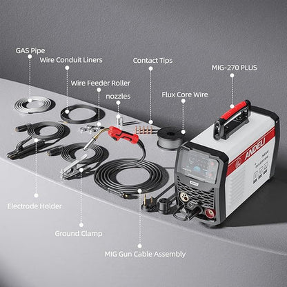 Detailed accessories for synergic welder (gas pipe, wire conduit, MIG gun, etc.), complete for professional use.