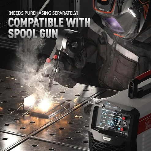 Synergic welder compatible with spool gun (sold separately), ideal for aluminum welding tasks.