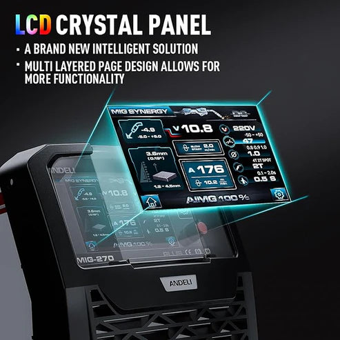 Synergic welder with LCD crystal panel, multi-layered page design for advanced functional control.